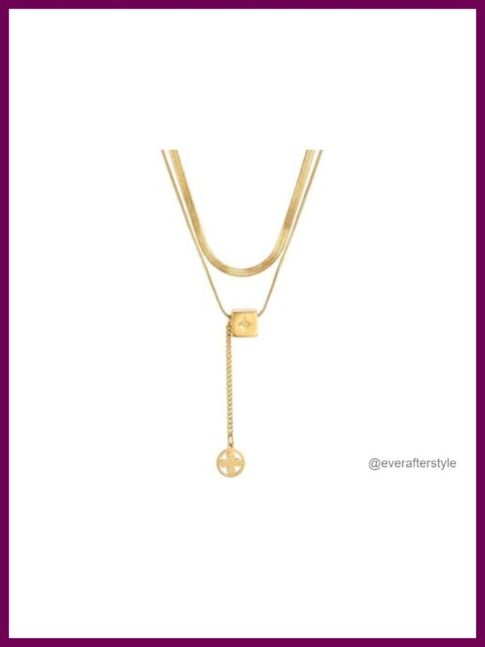 18K Gold Plated Y-Necklace Lariat with Monogram Cube & Flower Disc Pendant